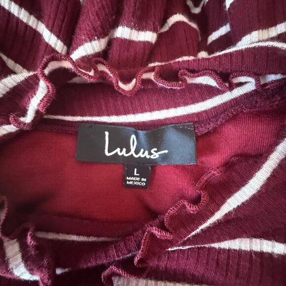 Women's L Lulus Maroon and White Ribbed Striped Dress Lettuce Edge Ruffles - Picture 7 of 9